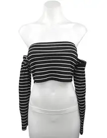 Revolve x Privacy Please Black Striped Off the Shoulder Long Sleeve Crop Top M