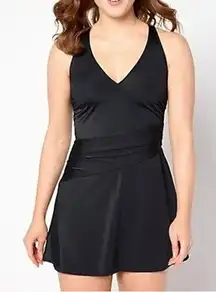 Denim & Co Beach Swimwear Womens 4 Black V-Neck Ruched Waist Swim Dress A634757