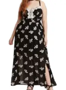 Torrid Dress 1X Black Maxi Chiffon Floral Embroidery Smock Retro Rockabilly