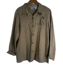 Blair Tan Linen Blend Safari Palm Tree Button Front Long Sleeve Top Size Large