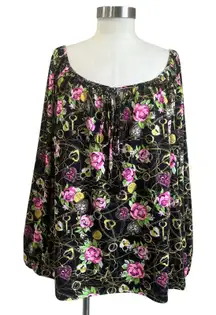 Betsey Johnson Floral Chain Print Blouson Top XL Pink Roses Boho Glam