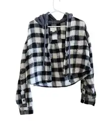 American Eagle Plaid Flannel Distressed Hoodie Button Up Black White Sz Medium