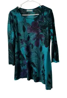 Cactus Teal Floral Rhinestone Detail Long‎ Sleeve Asymmetrical Top Boho Artsy L