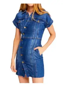 Free People  Women’s The City Asymmetrical Blue Denim Jean Frayed Mini Dress Sz S