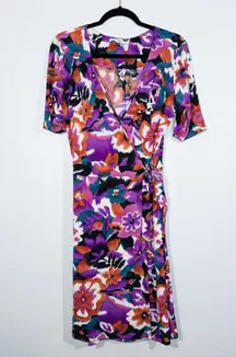 Lily Purple Watercolor Floral Faux Wrap Midi Dress Size Medium