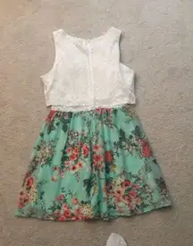 White & Mint Floral Chiffon Lace Tank Dress