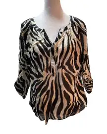 Black Tan White Animal Print 3/4 Cuff/Button Sleeve Blouse**Flaw** PM