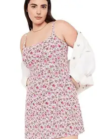 Old Navy XL Pink Floral Minidress Linen Smocked Pockets Tank Cottage Summer Cute