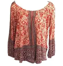 Lucky Brand Off The Shoulder Blouse Floral Bohemian Long Sleeve Tunic Loose S