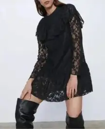 Zara Stella Black Lace Long Sleeves Romper Dress Ruffle Size S Small NWT