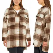 Banana Republic Women's Wool Blend Plaid Flannel Shirt Jacket Longline Brown M