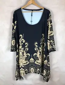 WHITE MARK 3/4 Sleeve Asymmetrical Black Printed Tunic NWT 1XL