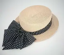 Warmhata Women's Polka Dot Bowknot Beach Flat Top‎ Straw Sun Hat Beige One Size