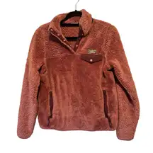 LL Bean Snap Fleece Pullover Sherpa Women XS Peach Red Hi-Pile Cozy Fall Sweater