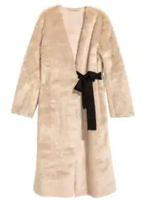 H&M Cream Beige Faux Fur Suede Inside Coat Contrast Black Waist Tie Size Large