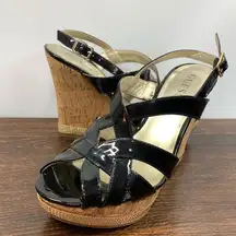 Guess Women's Patent Leather Strappy Cork Wedge Heel Slingback Sandals Size 8.5