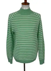 Stitches And Stripes Sweater Small Green White Striped Mockneck Preppy