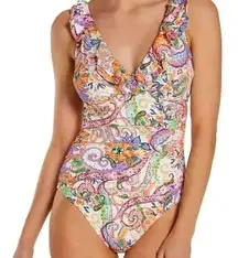 Lauren Ralph Lauren Majestic Paisley Ruffle One Piece Swimsuit Size Large