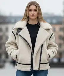 NWOT And Now This Trendy Plus Faux Sherpa Moto Jacket Contrast Stitch SZ-2X