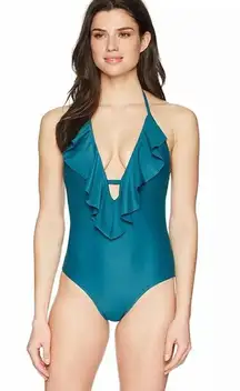 1185 Coastal Blue Deep V Ruffle Front  Monokini