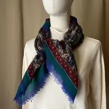 Vintage Amanda Smith Paisley Wool Scarf Teal Blue Fringe Square Print 31x32
