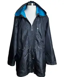 Susan Graver Rain Jacket Womens 1X Black Blue Full Zip Hooded Lightweight