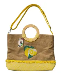 America & Beyond Beaded Lemon Yellow Chevron Fabric Circular Handle Tote Bag