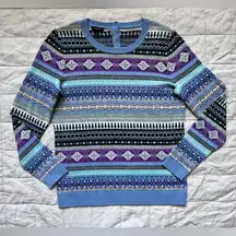 Talbots Nordic Fair Isle Blue & Purple Lambswool Crewneck Sweater Grannycore -Sp