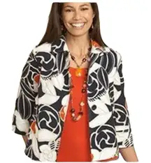 Chico's Tropical Floral Print Jacket Navy Orange Sz Large Casual Mature Nautical