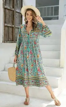 R. Vivimos Women’s Dress Size Large Long Sleeve Floral Boho V Neck Tassel Retro