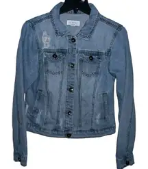 CI SONO Denim Jacket Womens L Blue Distressed Pockets Button Down Medium Wash‎