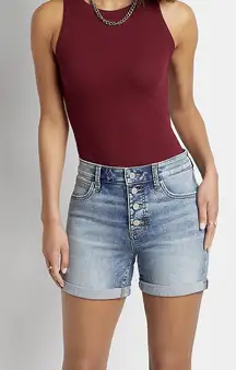 Maurices Everflex High Rise Button Fly 5” Shorts Medium Wash Denim