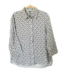 Zara Linen Blouse 3/4 Sleeve Button Front Print Shirt Tops Blouse Sz L