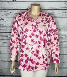 Susan Graver Size 20W Pink & White Floral Print Button Down Shirt Top