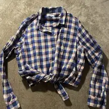 Madewell Shirt Sz XXL Plaid Tie Front Flannel  Blue Pink Checker Long Sleeves 2X