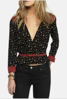 FREE PEOPLE Top Where We Roam Black Printed Surplice Deep V Neck Contrast Yoke