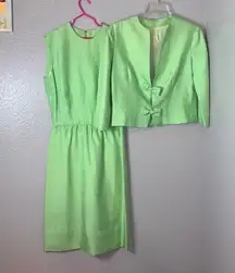 Vintage kleinerts blue label lime green sleeveless dress & blazer set