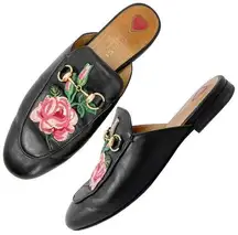 Gucci  Shoes Flower Embroidered Princetown Horsebit Detail Leather Loafer Mules