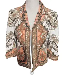 Talbots Blazer Jacket Brown Peach Paisley Open Front Career Sz 4 100% Cotton