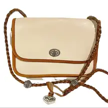 Brighton Vintage Leather Beige Cream Pebbled Brown Trim Braided‎ Crossbody Bag
