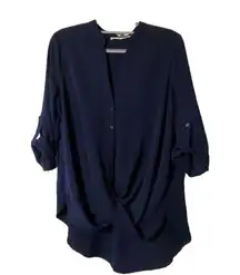 EUC Lush Criss Cross Navy Shirt Button down‎ with Twist Sz S