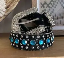 Vintage Boho Blue Jeweled Western Belt SZ S Silver Hardware