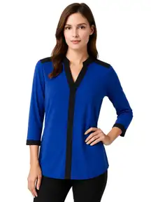 Rendezvous Contrast-Trim Split-Neck Tunic Top, Cobalt/Black, Size Large
