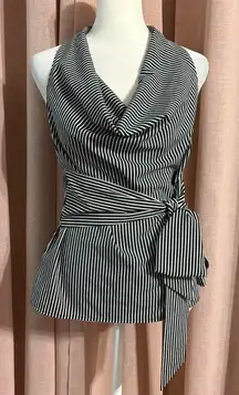 striped y2k cowl neck halter wrap belt sleeveless top office chic