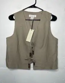NEW Rachel Zoe Linen Front Tie Vest Tan Beige Beaded Ties Size 10