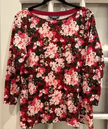 Lands’ End 3/4 Sleeve Hydrangea Floral Pink & Red Cotton Top Blouse Size XL 18