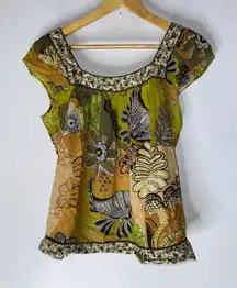 Planet Gold Medium Green Brown Floral Boho Short Sleeve Top M