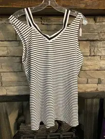 Striped open shoulder V neck top