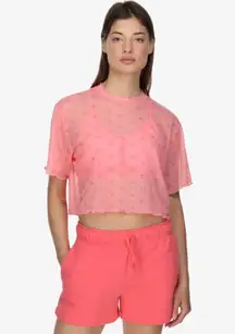 NWT Nike Air Mesh Crop Top DV8245-611  Pink Logo AOP Lettuce Edge Hem Sheer