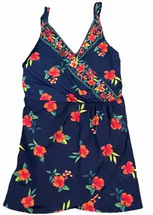 Lands' End One Piece Swim Dress Size XS Navy Blue Red Floral Tulip Wrap Women